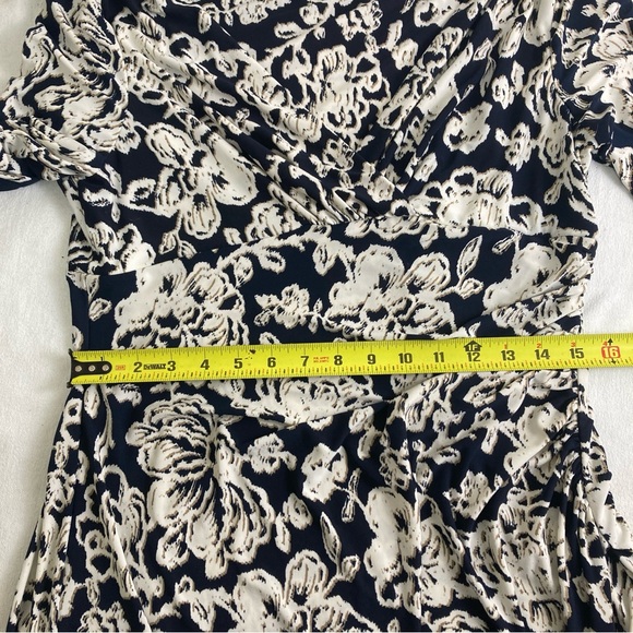Lauren Ralph Lauren Dress  8 Black White Floral Ruched Career Faux Wrap 3/4 Slv - Picture 10 of 16